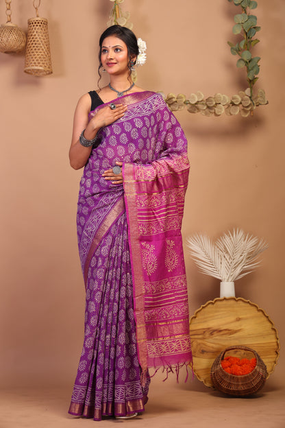 Anuttara Bhagalpuri Purple & Pink Cotton Silk Paisley Saree with Unstitched Blouse_AFS1024-FS