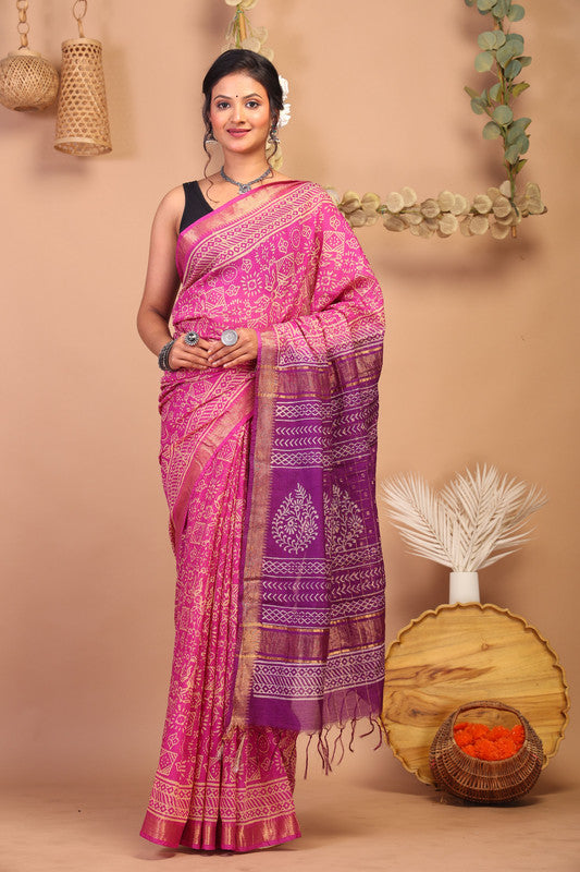 Anuttara Bhagalpuri Pink & Purple Cotton Silk Tribal Saree with Unstitched Blouse_AFS1025-FS