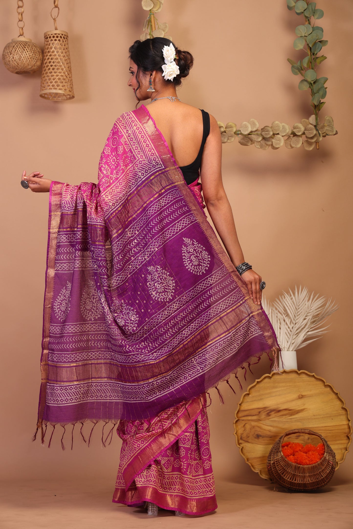 Anuttara Bhagalpuri Pink & Purple Cotton Silk Tribal Saree with Unstitched Blouse_AFS1025-FS