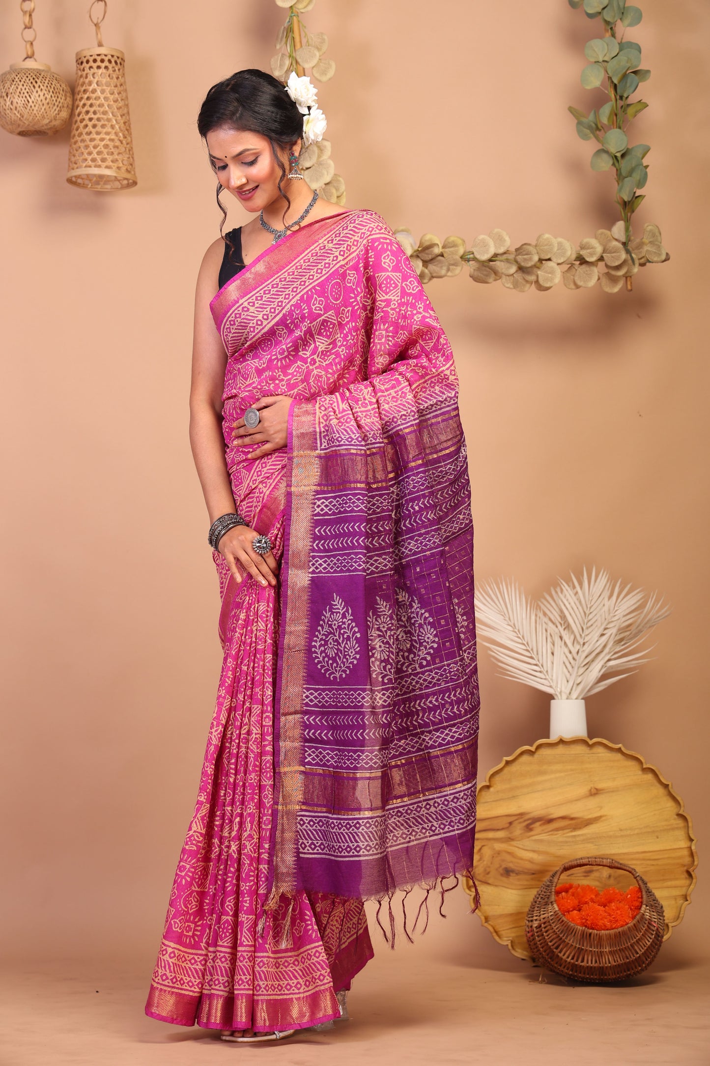 Anuttara Bhagalpuri Pink & Purple Cotton Silk Tribal Saree with Unstitched Blouse_AFS1025-FS