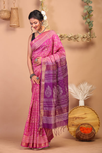Anuttara Bhagalpuri Pink & Purple Cotton Silk Tribal Saree with Unstitched Blouse_AFS1025-FS