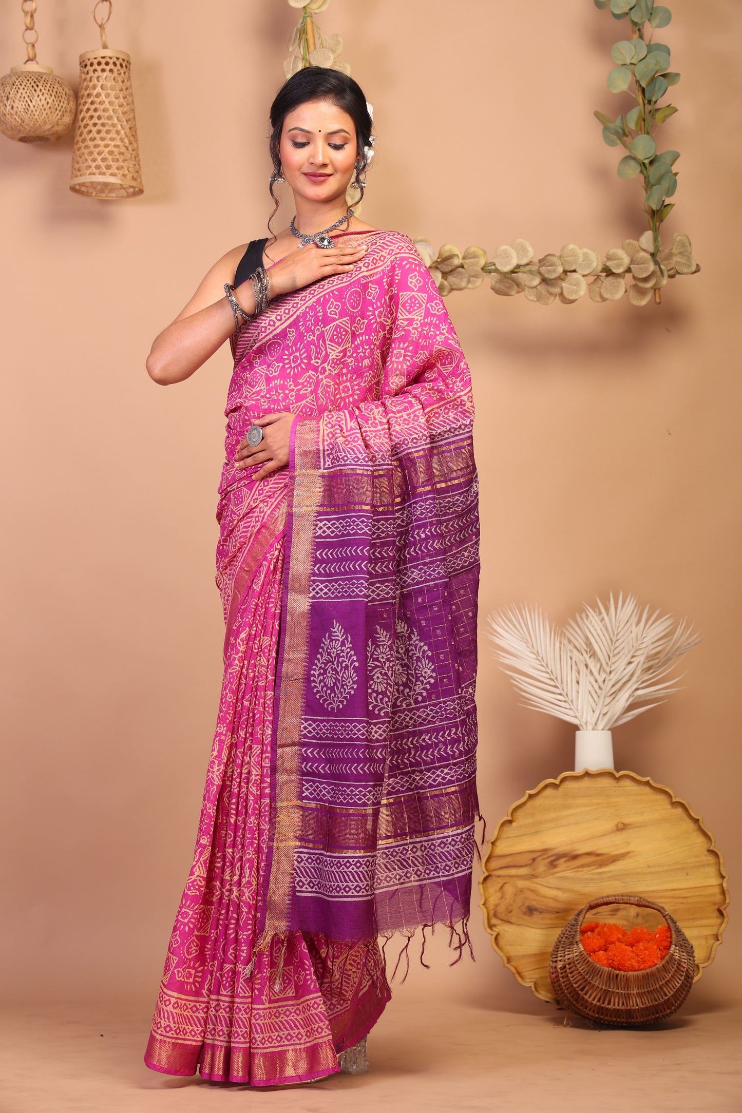 Anuttara Bhagalpuri Pink & Purple Cotton Silk Tribal Saree with Unstitched Blouse_AFS1025-FS