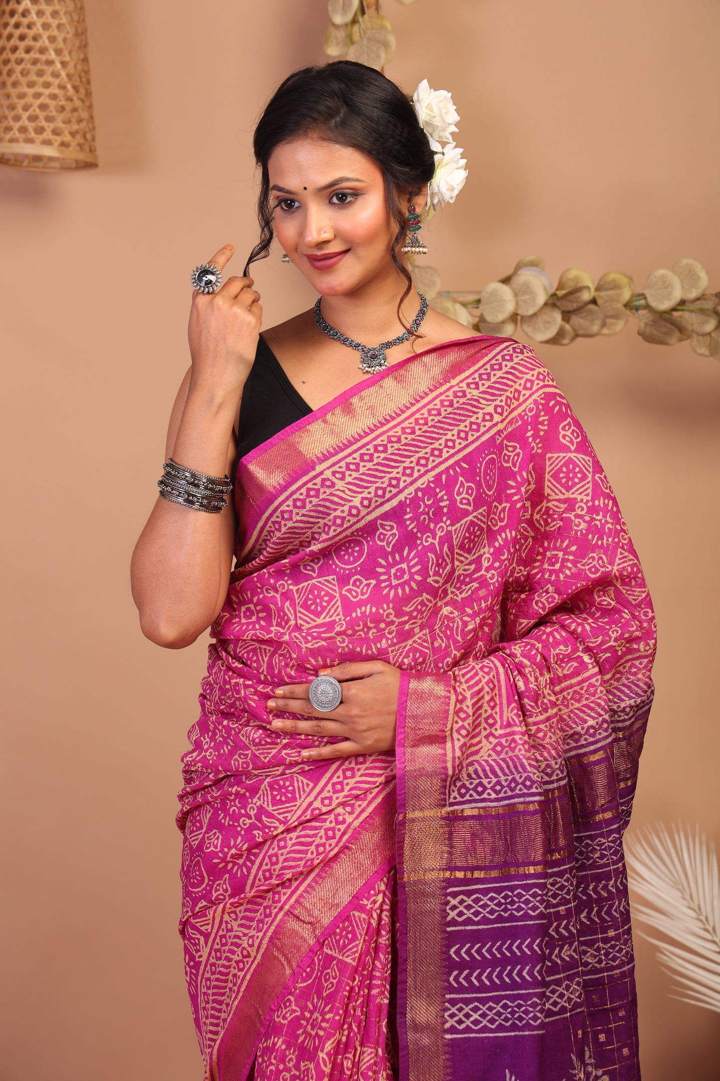 Anuttara Bhagalpuri Pink & Purple Cotton Silk Tribal Saree with Unstitched Blouse_AFS1025-FS