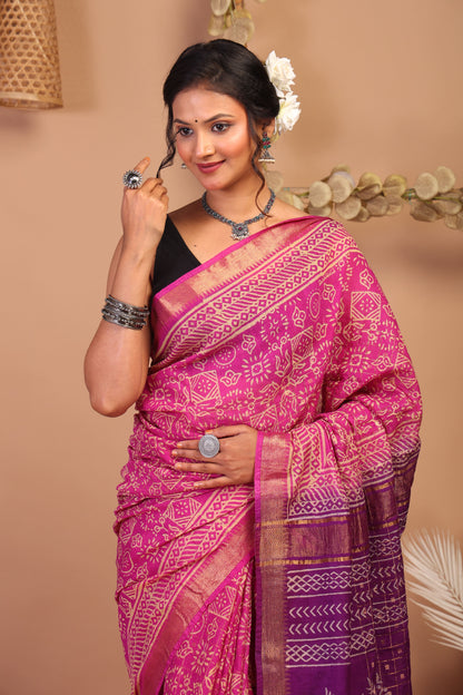 Anuttara Bhagalpuri Pink & Purple Cotton Silk Tribal Saree with Unstitched Blouse_AFS1025-FS