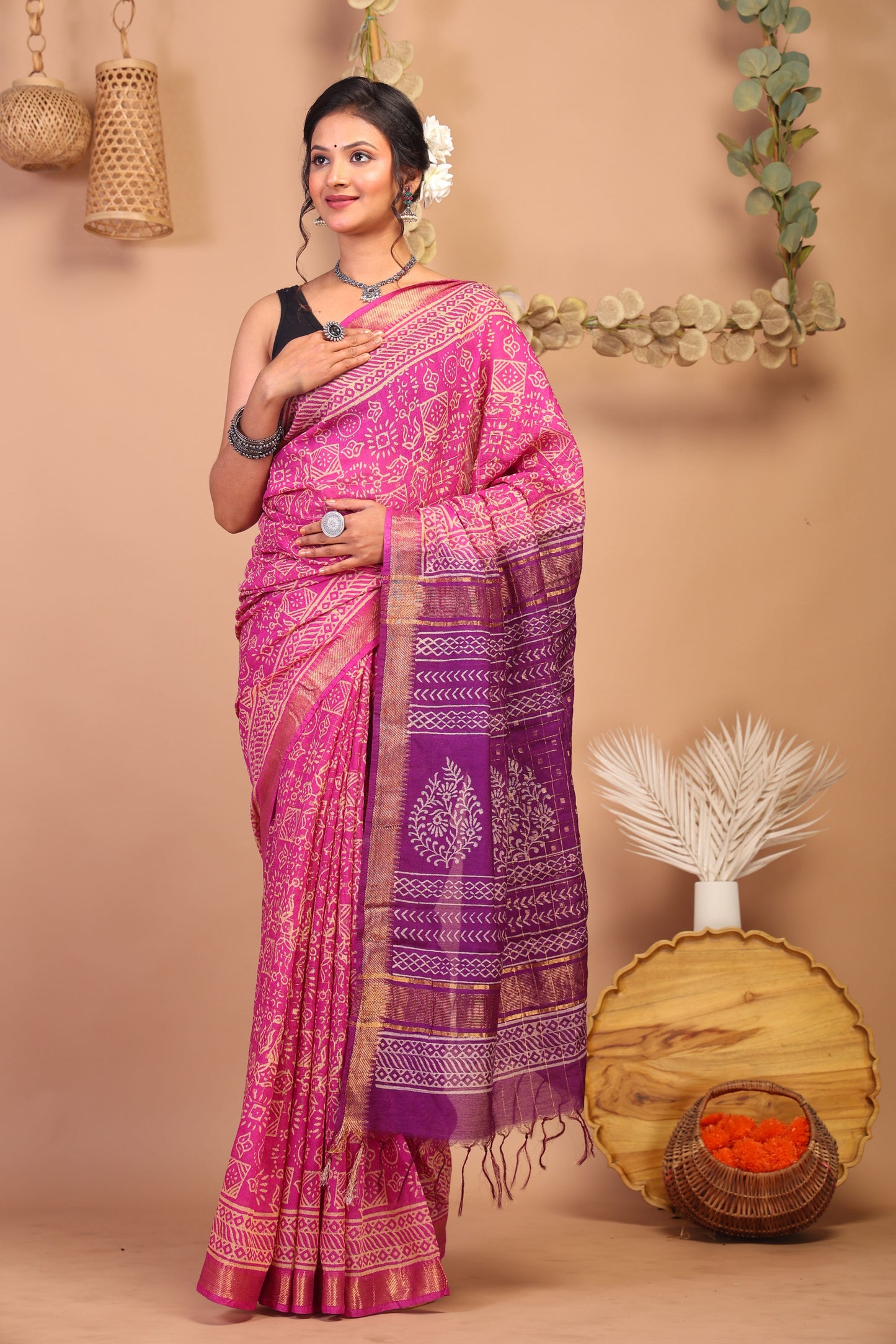 Anuttara Bhagalpuri Pink & Purple Cotton Silk Tribal Saree with Unstitched Blouse_AFS1025-FS