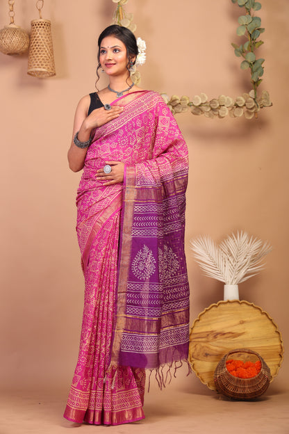 Anuttara Bhagalpuri Pink & Purple Cotton Silk Tribal Saree with Unstitched Blouse_AFS1025-FS