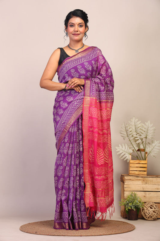 Anuttara Bhagalpuri Purple & Pink Cotton Silk Floral Saree with Unstitched Blouse_AFS1026-FS