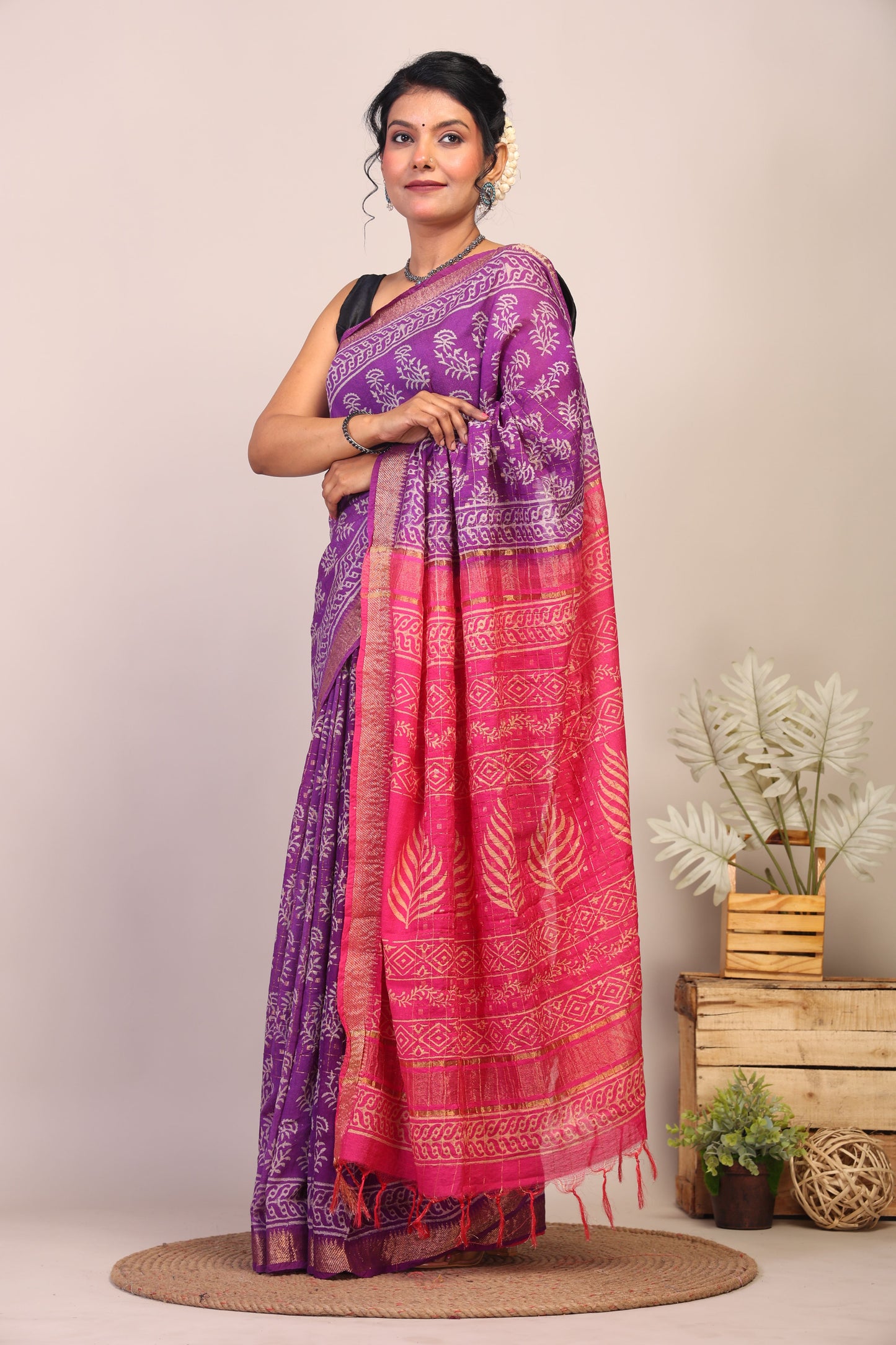 Anuttara Bhagalpuri Purple & Pink Cotton Silk Floral Saree with Unstitched Blouse_AFS1026-FS