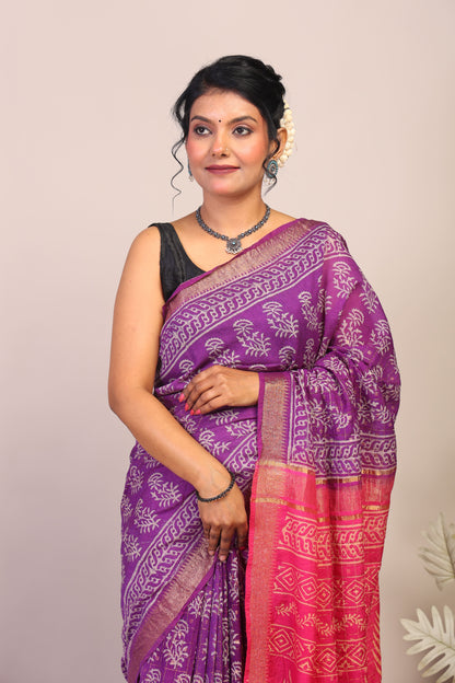 Anuttara Bhagalpuri Purple & Pink Cotton Silk Floral Saree with Unstitched Blouse_AFS1026-FS