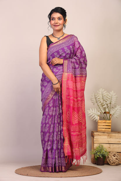 Anuttara Bhagalpuri Purple & Pink Cotton Silk Floral Saree with Unstitched Blouse_AFS1026-FS