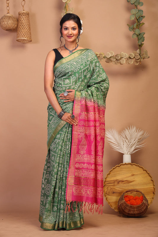 Anuttara Bhagalpuri Green & Pink Cotton Silk Tribal Saree with Unstitched Blouse_AFS1027-FS