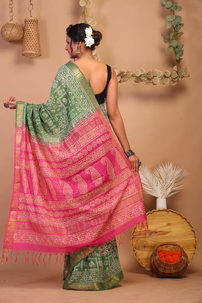 Anuttara Bhagalpuri Green & Pink Cotton Silk Tribal Saree with Unstitched Blouse_AFS1027-FS