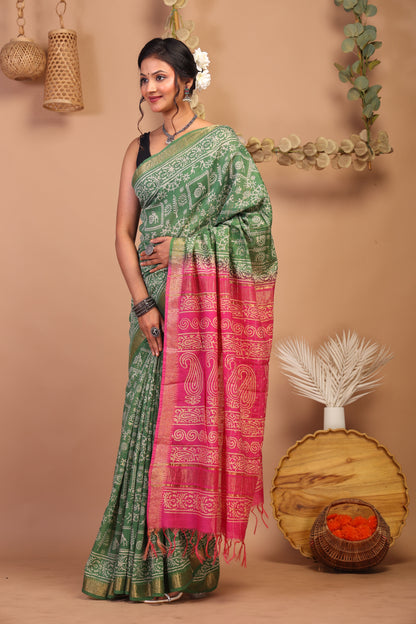Anuttara Bhagalpuri Green & Pink Cotton Silk Tribal Saree with Unstitched Blouse_AFS1027-FS