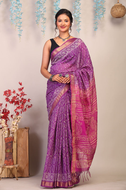 Anuttara Bhagalpuri Purple & Pink Cotton Silk Bandhani/Paisley Saree with Unstitched Blouse_AFS1028-FS
