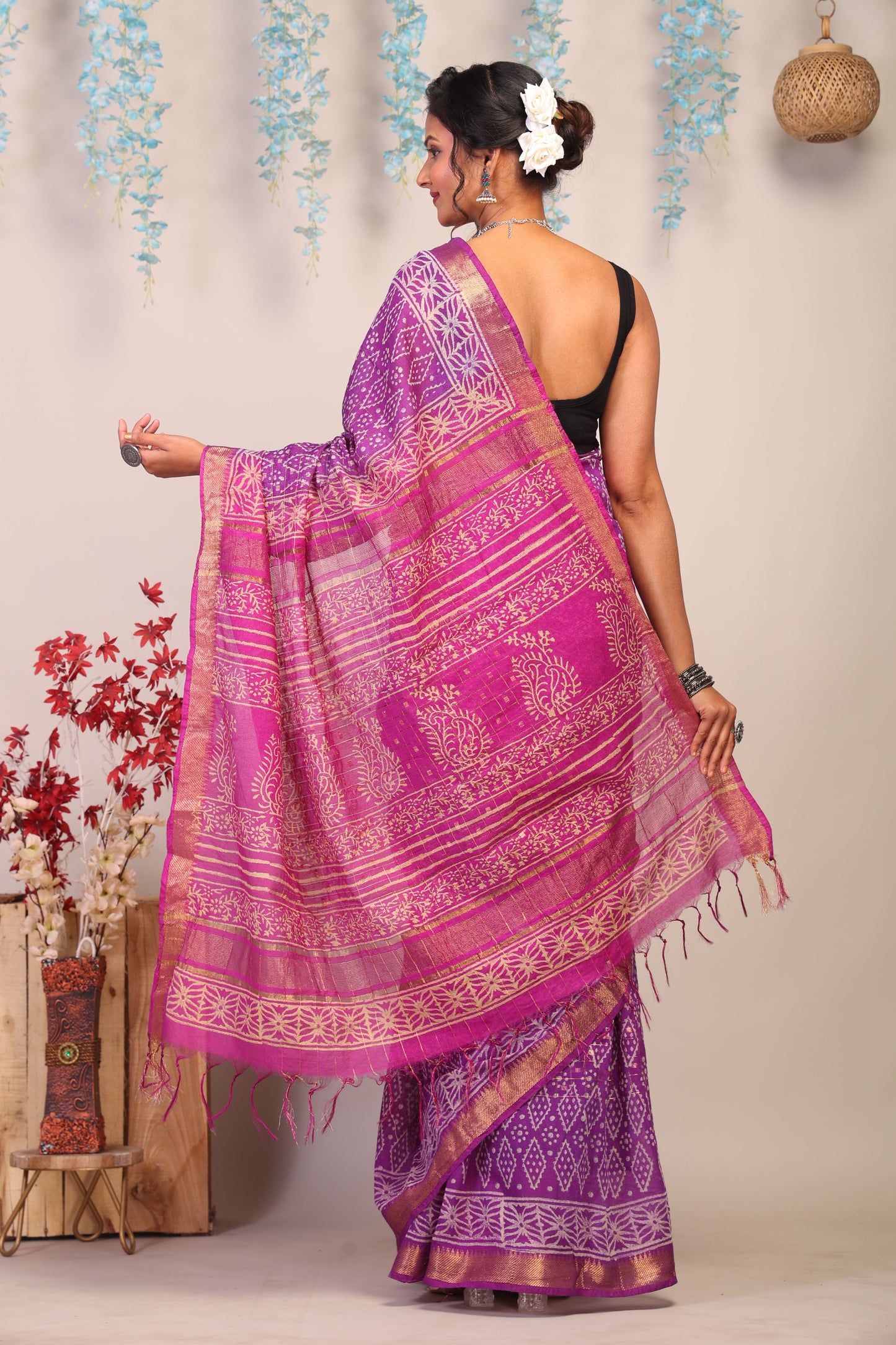 Anuttara Bhagalpuri Purple & Pink Cotton Silk Bandhani/Paisley Saree with Unstitched Blouse_AFS1028-FS