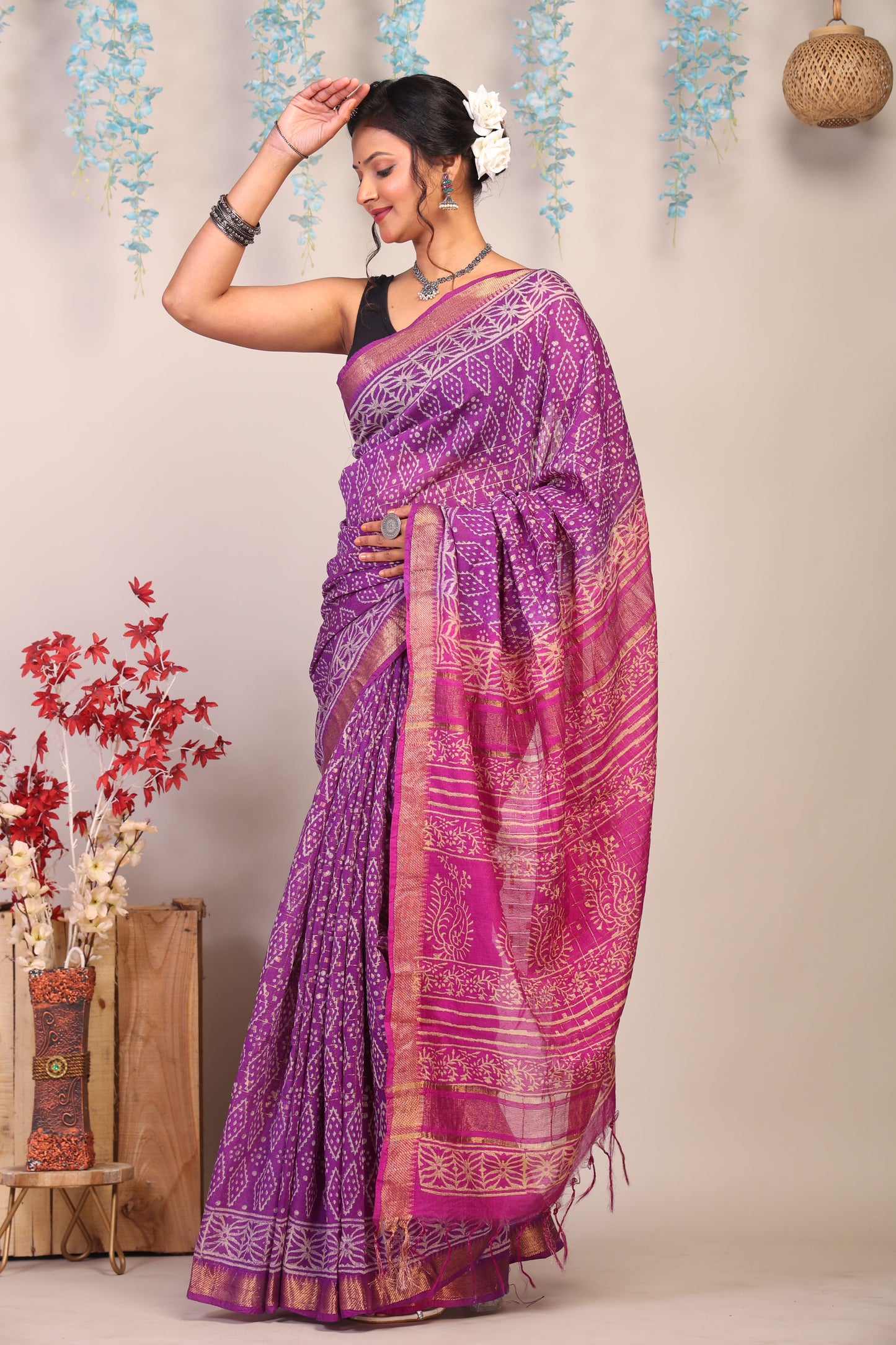 Anuttara Bhagalpuri Purple & Pink Cotton Silk Bandhani/Paisley Saree with Unstitched Blouse_AFS1028-FS