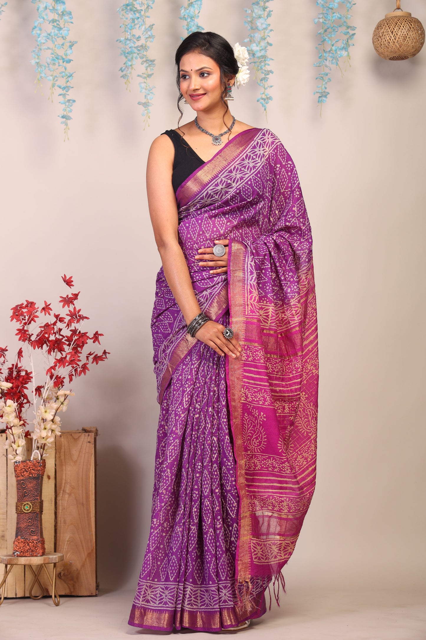 Anuttara Bhagalpuri Purple & Pink Cotton Silk Bandhani/Paisley Saree with Unstitched Blouse_AFS1028-FS
