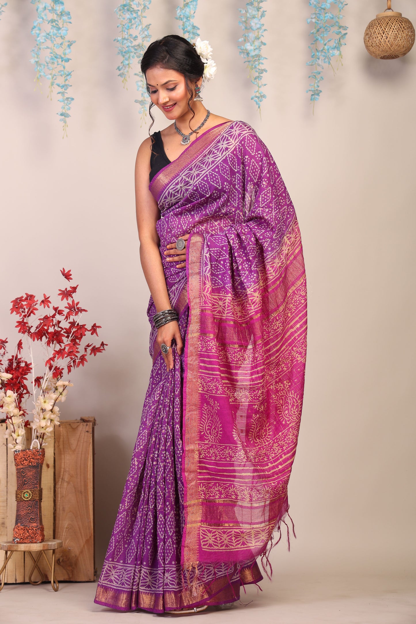 Anuttara Bhagalpuri Purple & Pink Cotton Silk Bandhani/Paisley Saree with Unstitched Blouse_AFS1028-FS