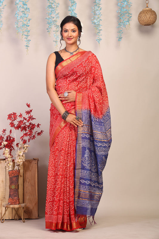 Anuttara Bhagalpuri Red & Blue Cotton Silk Floral Saree with Unstitched Blouse_AFS1029-FS