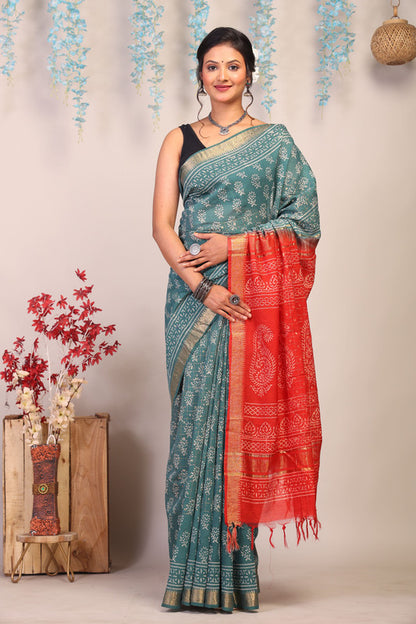 Anuttara Bhagalpuri Teal Green & Red Cotton Silk Floral/Paisley Saree with Unstitched Blouse_AFS1030-FS