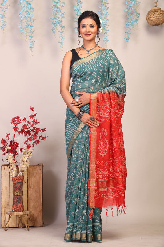 Anuttara Bhagalpuri Teal Green & Red Cotton Silk Floral/Paisley Saree with Unstitched Blouse_AFS1030-FS