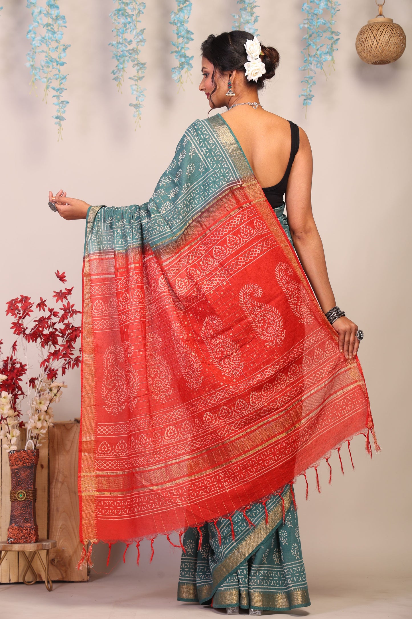Anuttara Bhagalpuri Red & Blue Cotton Silk Floral Saree with Unstitched Blouse_AFS1029-FS