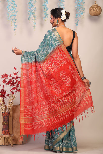 Anuttara Bhagalpuri Red & Blue Cotton Silk Floral Saree with Unstitched Blouse_AFS1029-FS