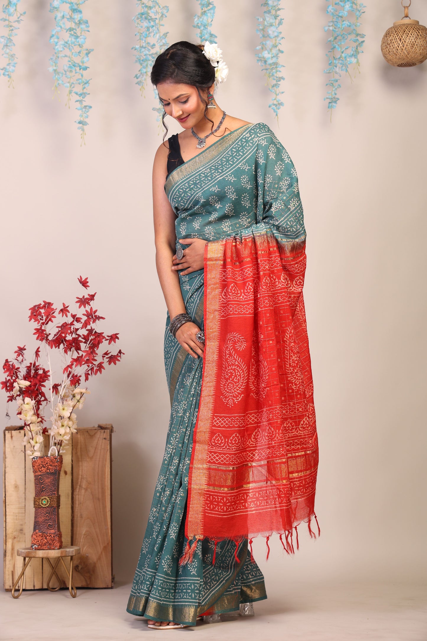 Anuttara Bhagalpuri Red & Blue Cotton Silk Floral Saree with Unstitched Blouse_AFS1029-FS
