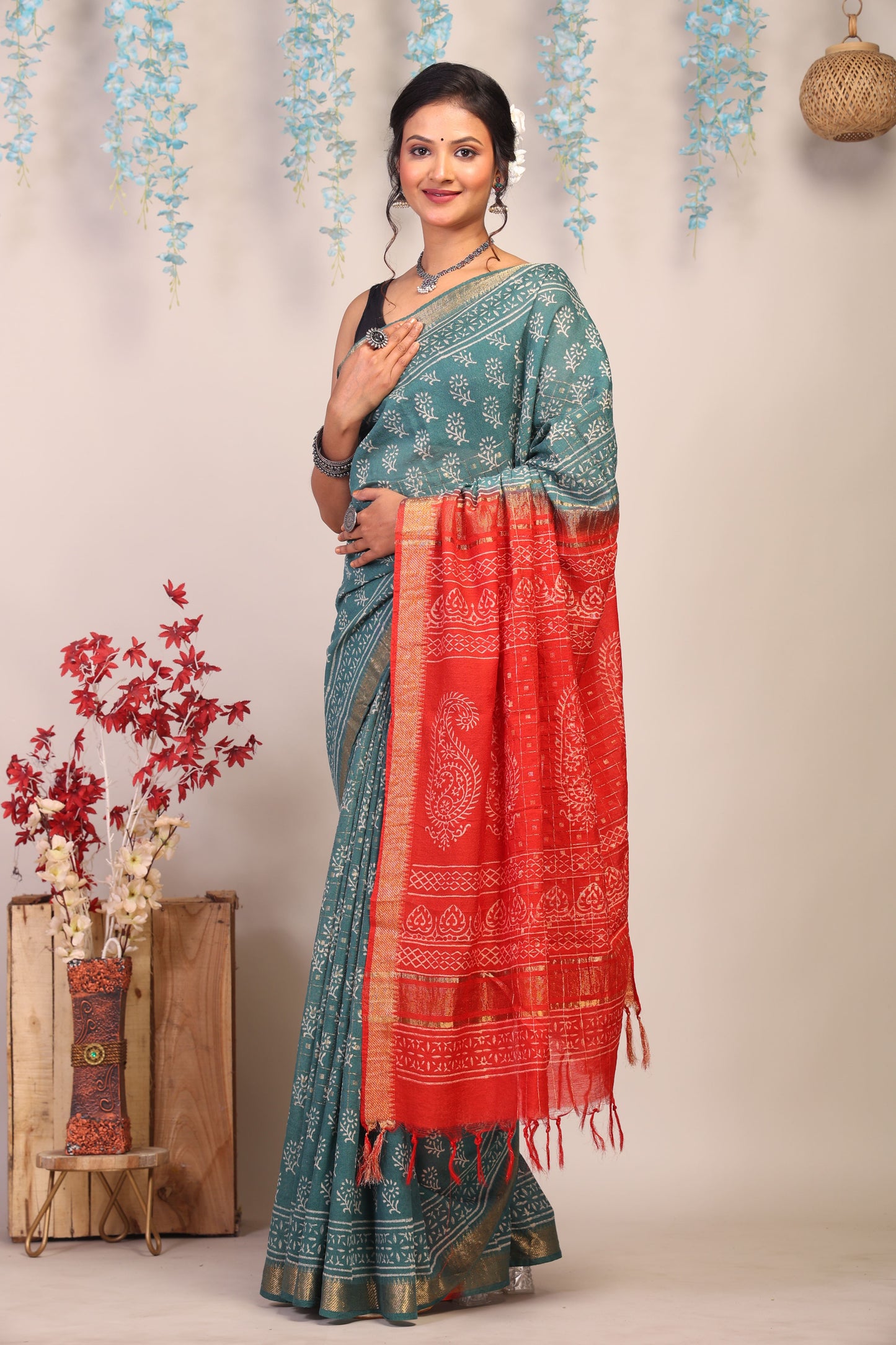 Anuttara Bhagalpuri Red & Blue Cotton Silk Floral Saree with Unstitched Blouse_AFS1029-FS
