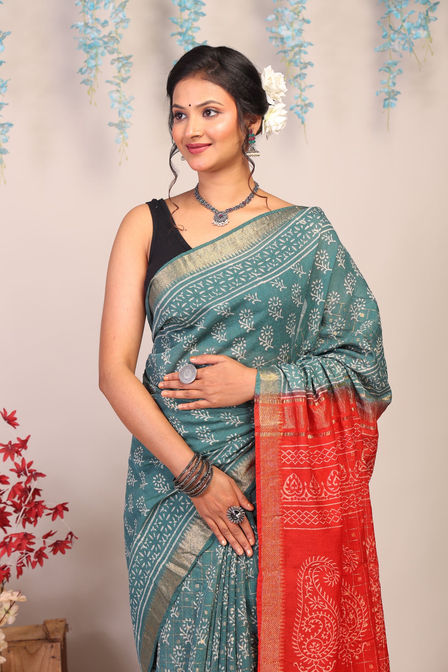 Anuttara Bhagalpuri Red & Blue Cotton Silk Floral Saree with Unstitched Blouse_AFS1029-FS