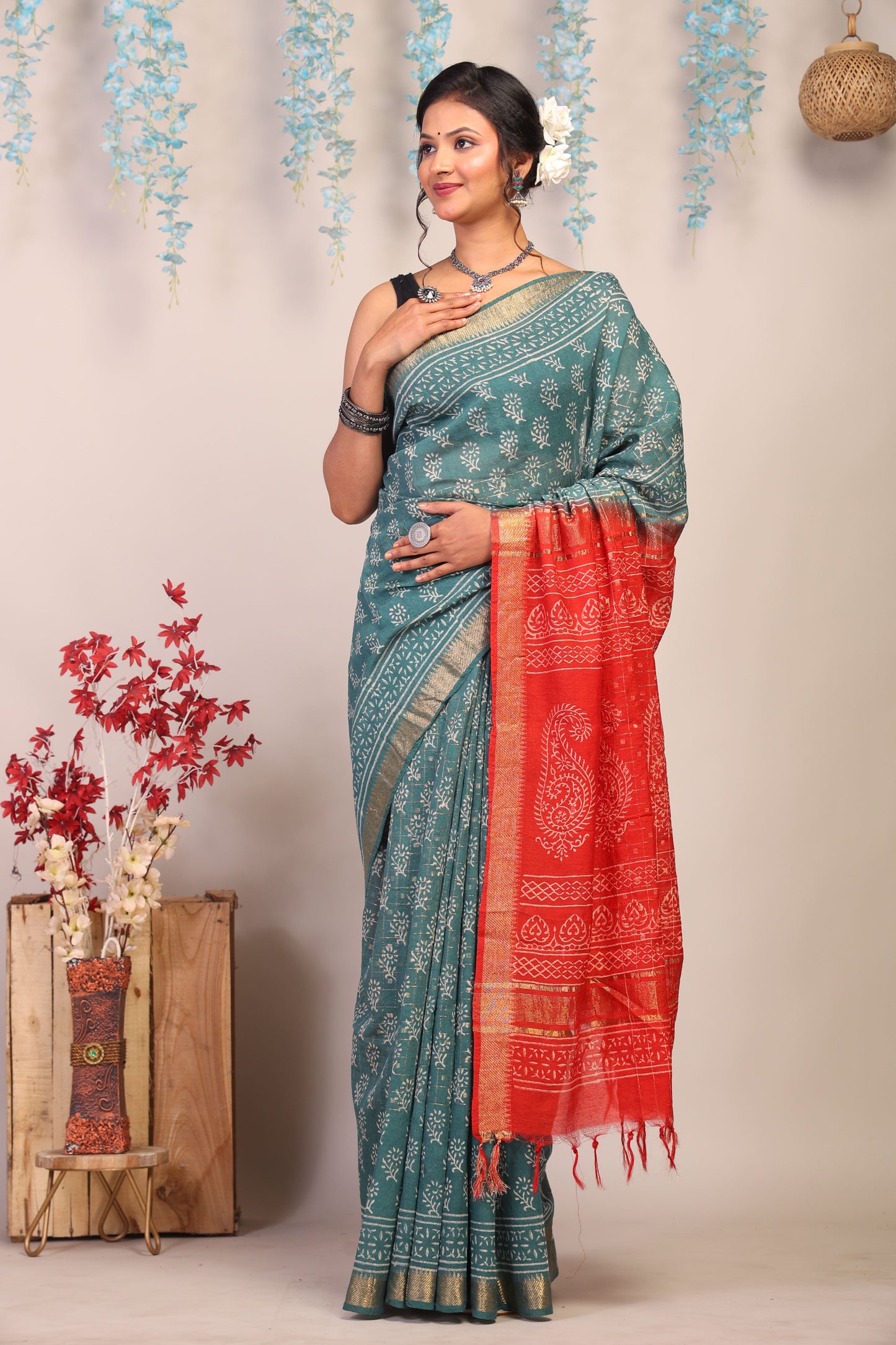 Anuttara Bhagalpuri Red & Blue Cotton Silk Floral Saree with Unstitched Blouse_AFS1029-FS