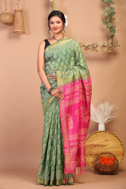 Anuttara Bhagalpuri Green & Pink Cotton Silk Floral Saree with Unstitched Blouse_AFS1031-FS
