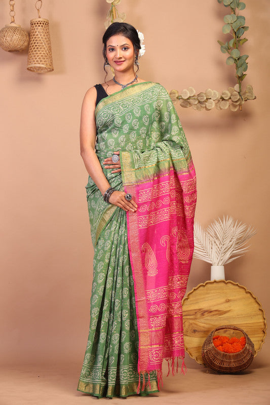 Anuttara Bhagalpuri Green & Pink Cotton Silk Floral Saree with Unstitched Blouse_AFS1031-FS