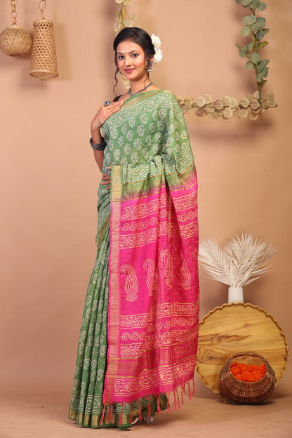 Anuttara Bhagalpuri Green & Pink Cotton Silk Floral Saree with Unstitched Blouse_AFS1031-FS