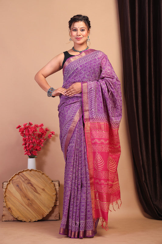Anuttara Bhagalpuri Purple & Pink Cotton Silk Geometric Saree with Unstitched Blouse_AFS1032-FS
