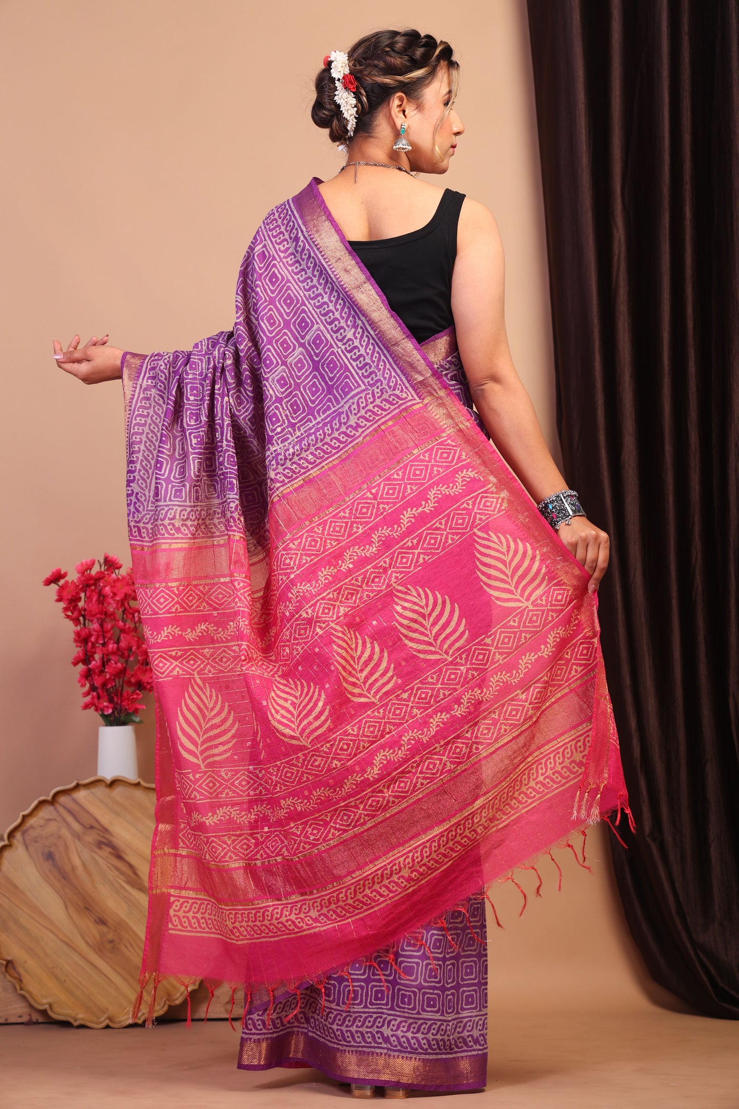 Anuttara Bhagalpuri Purple & Pink Cotton Silk Geometric Saree with Unstitched Blouse_AFS1032-FS