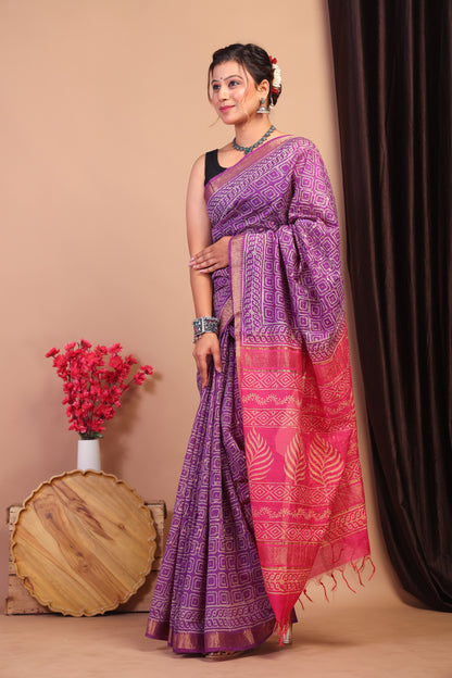 Anuttara Bhagalpuri Purple & Pink Cotton Silk Geometric Saree with Unstitched Blouse_AFS1032-FS