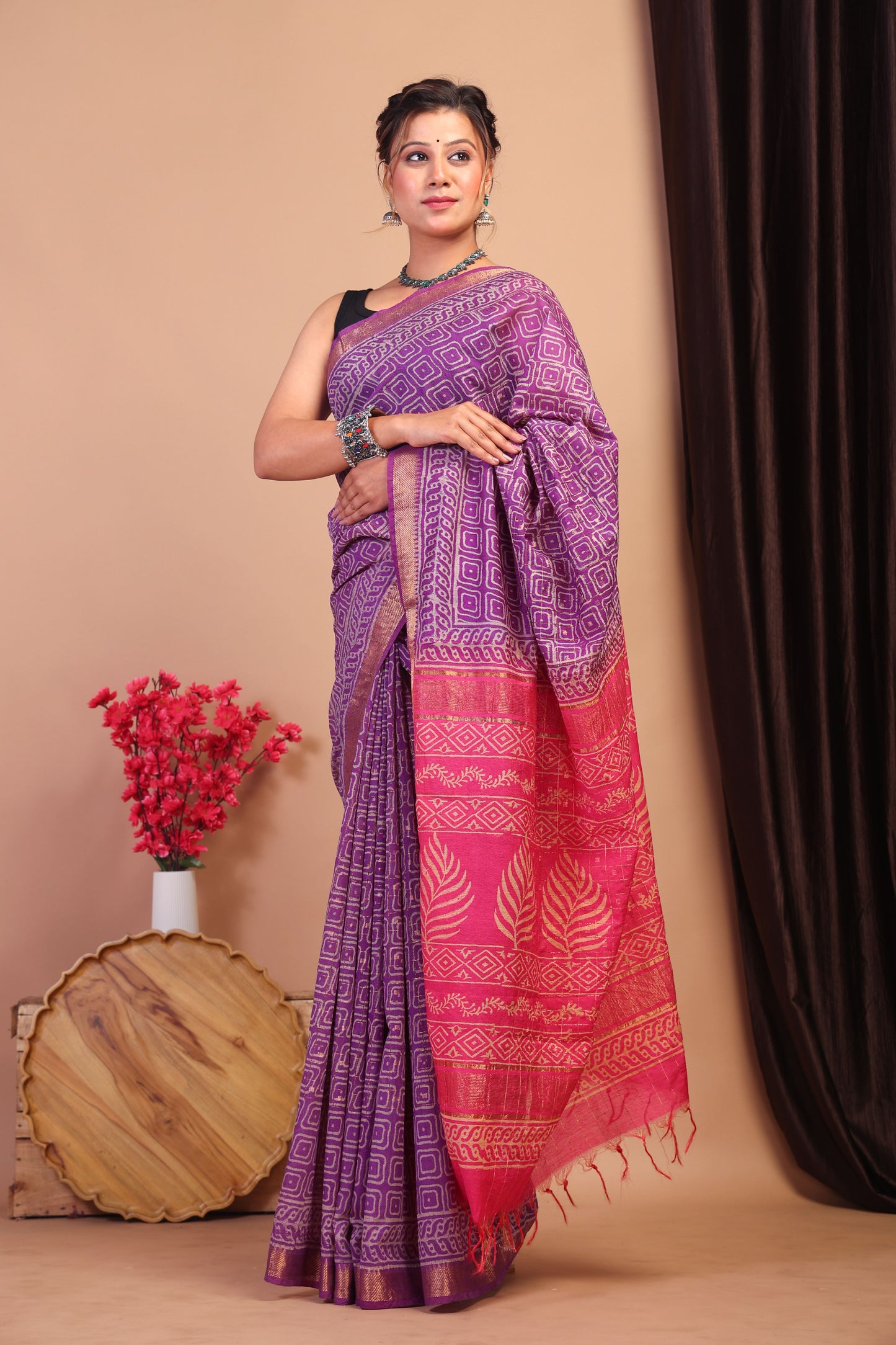 Anuttara Bhagalpuri Purple & Pink Cotton Silk Geometric Saree with Unstitched Blouse_AFS1032-FS