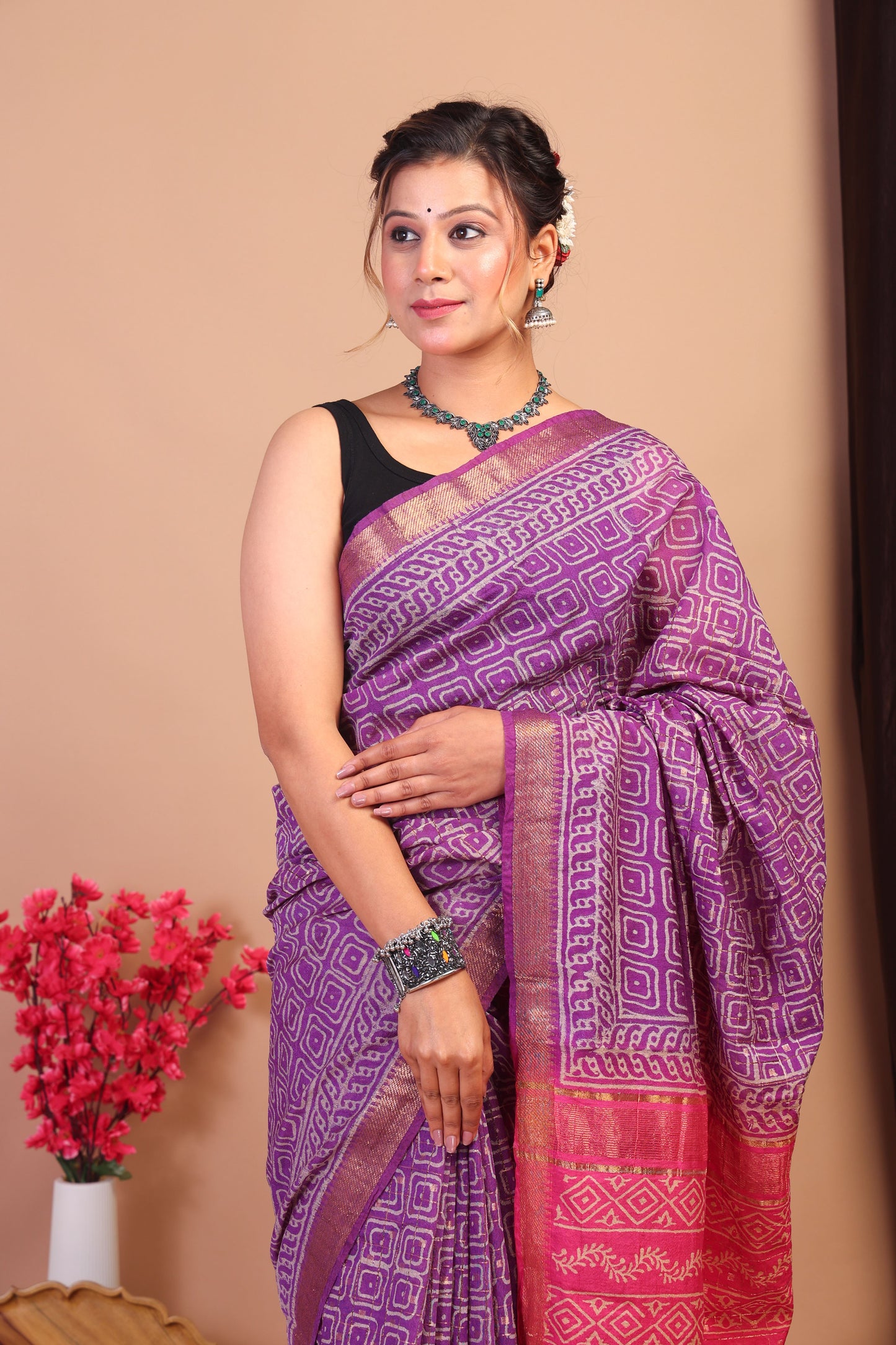 Anuttara Bhagalpuri Purple & Pink Cotton Silk Geometric Saree with Unstitched Blouse_AFS1032-FS