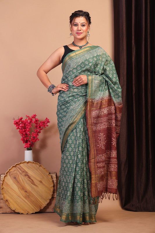 Anuttara Bhagalpuri Green & Brown Cotton Silk Checkered/Floral Saree with Unstitched Blouse_AFS1033-FS
