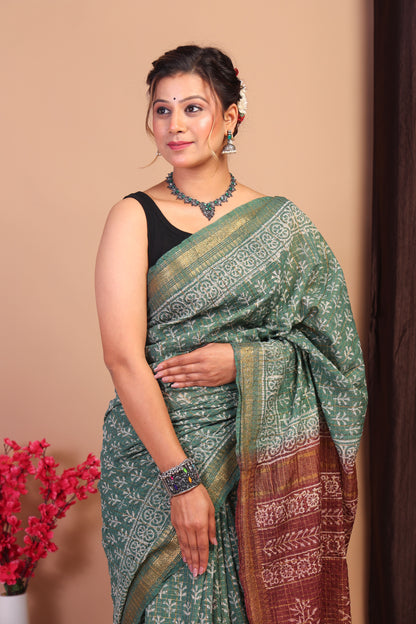 Anuttara Bhagalpuri Green & Brown Cotton Silk Checkered/Floral Saree with Unstitched Blouse_AFS1033-FS