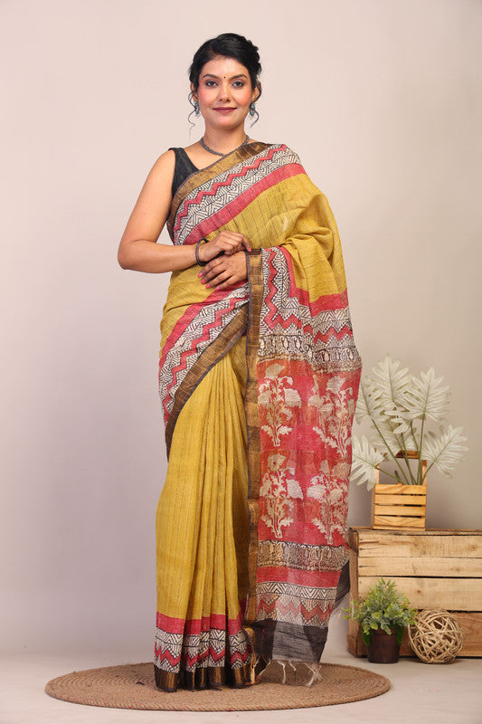 Anuttara Bhagalpuri Olive Green & Red Cotton Silk Floral Saree with Unstitched Blouse_AFS1034-FS