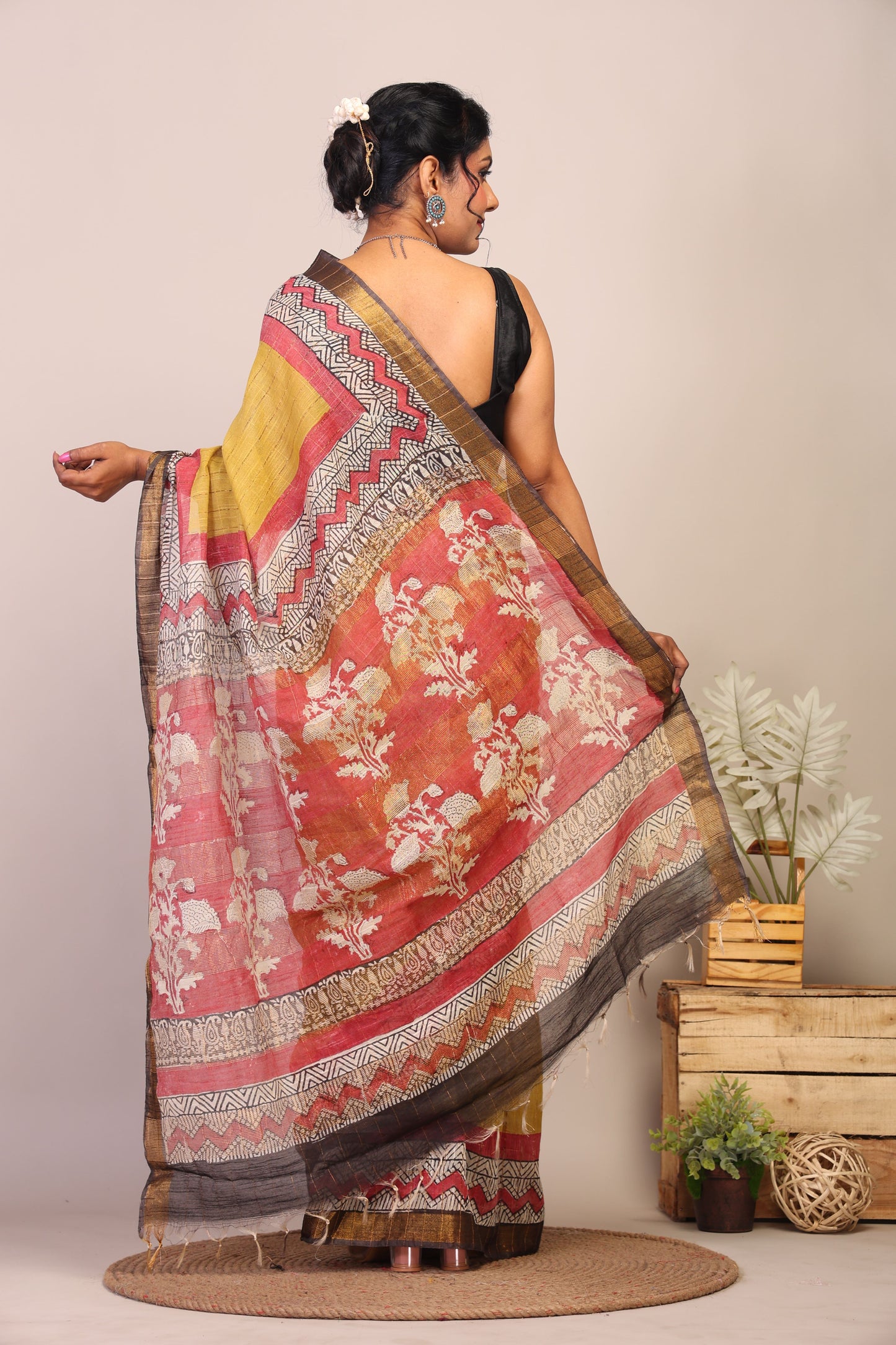 Anuttara Bhagalpuri Olive Green & Red Cotton Silk Floral Saree with Unstitched Blouse_AFS1034-FS