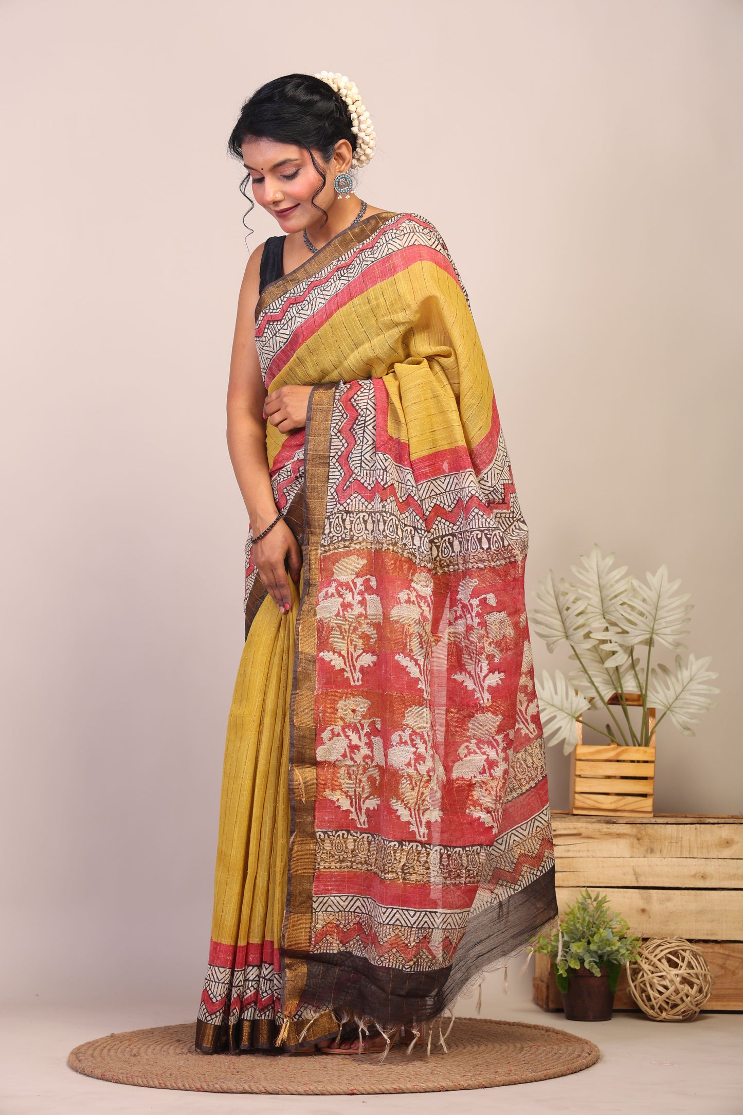 Anuttara Bhagalpuri Olive Green & Red Cotton Silk Floral Saree with Unstitched Blouse_AFS1034-FS
