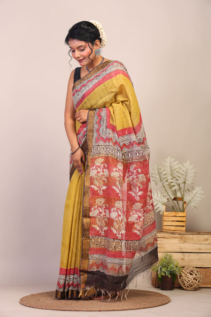 Anuttara Bhagalpuri Olive Green & Red Cotton Silk Floral Saree with Unstitched Blouse_AFS1034-FS