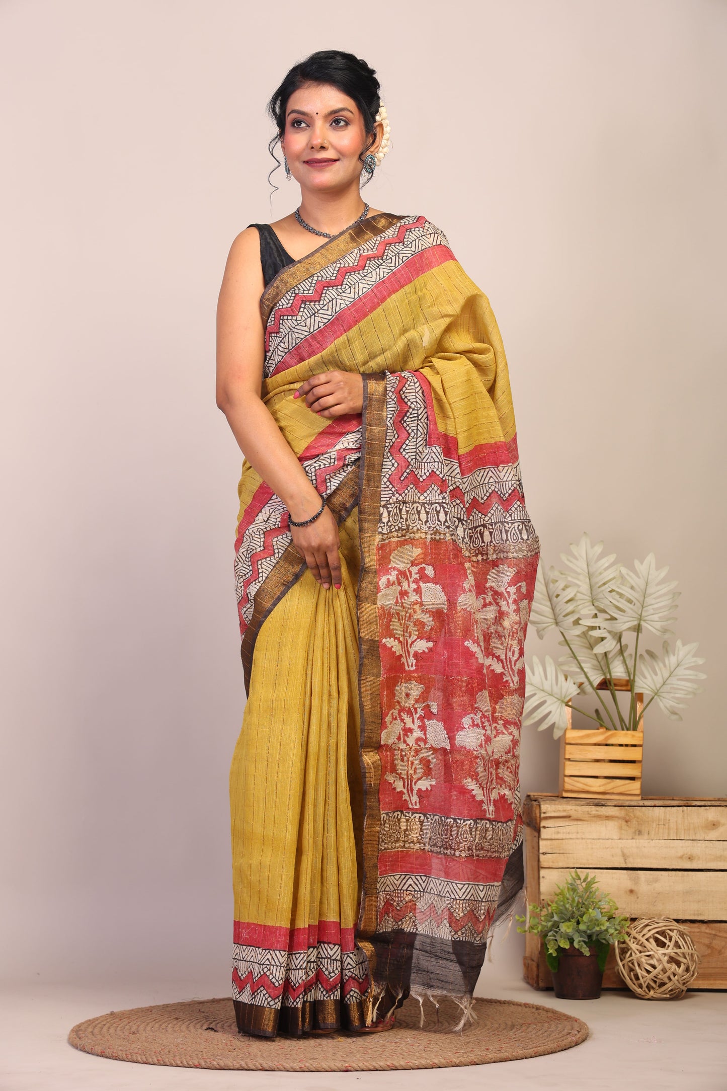 Anuttara Bhagalpuri Olive Green & Red Cotton Silk Floral Saree with Unstitched Blouse_AFS1034-FS