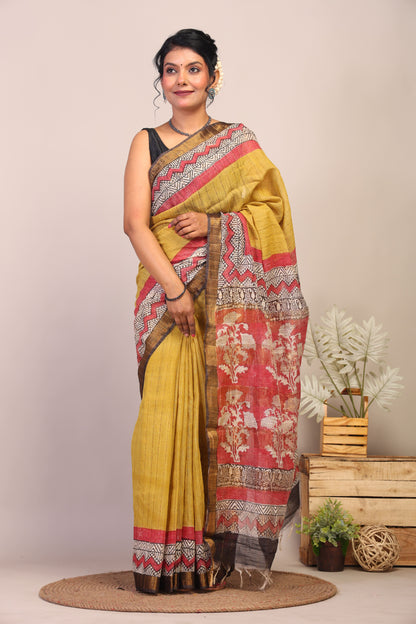 Anuttara Bhagalpuri Olive Green & Red Cotton Silk Floral Saree with Unstitched Blouse_AFS1034-FS
