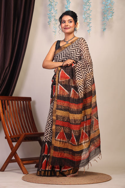 Anuttara Bhagalpuri Multicolor Cotton Silk Zig-Zag/Geometric Saree with Unstitched Blouse_AFS1035-FS