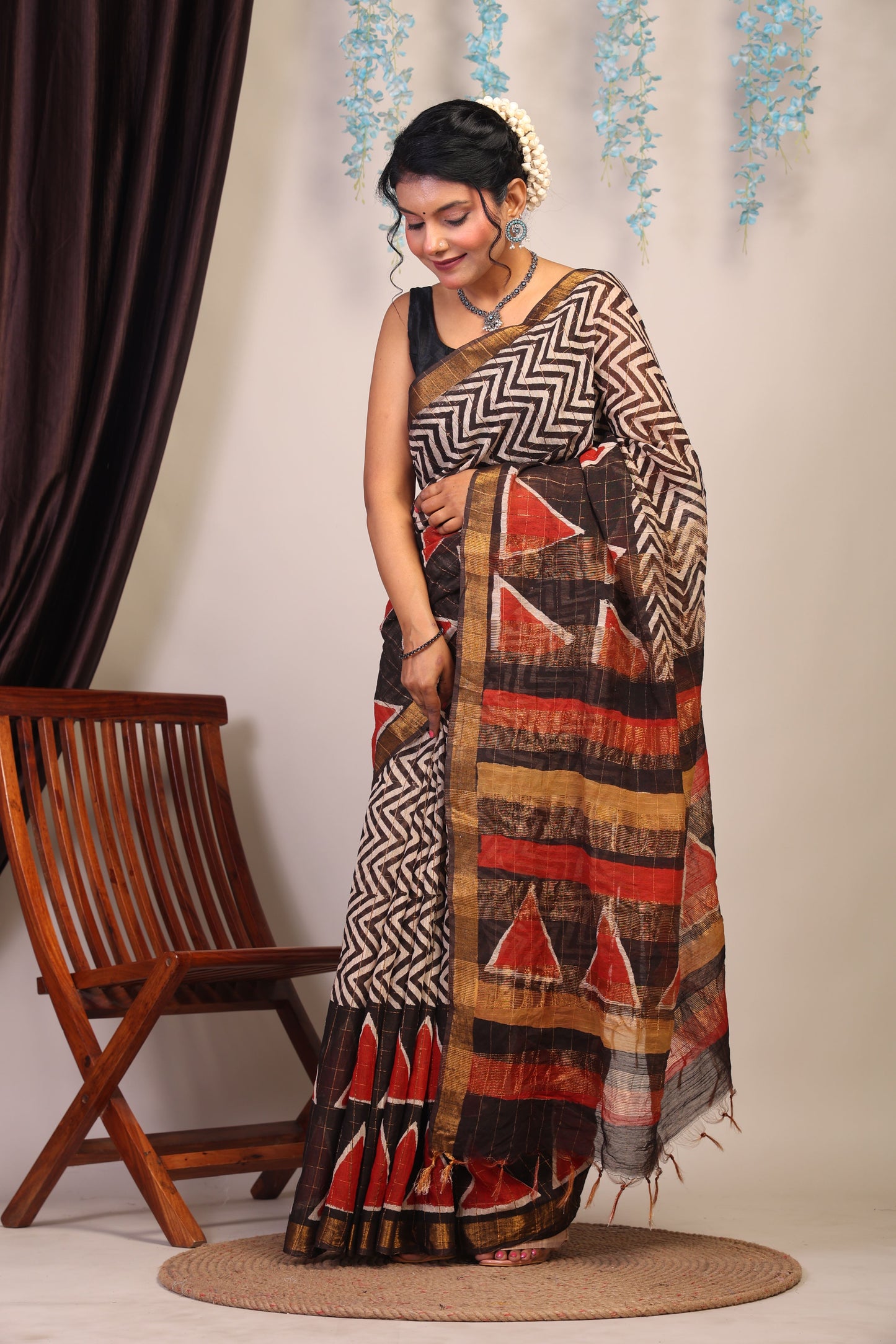 Anuttara Bhagalpuri Multicolor Cotton Silk Zig-Zag/Geometric Saree with Unstitched Blouse_AFS1035-FS