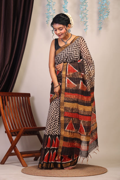Anuttara Bhagalpuri Multicolor Cotton Silk Zig-Zag/Geometric Saree with Unstitched Blouse_AFS1035-FS